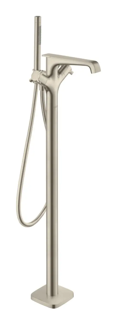 Bodenstehender Thermostat im gebürsteten Nickel-Finish von AXOR, ausgestattet mit einem Handbrauseanschluss und einem klaren, funktionalen Design.